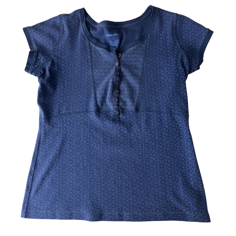Eddie Bauer Henley Top Womens Large Petite Blue Geometric Floral Short Sleeve